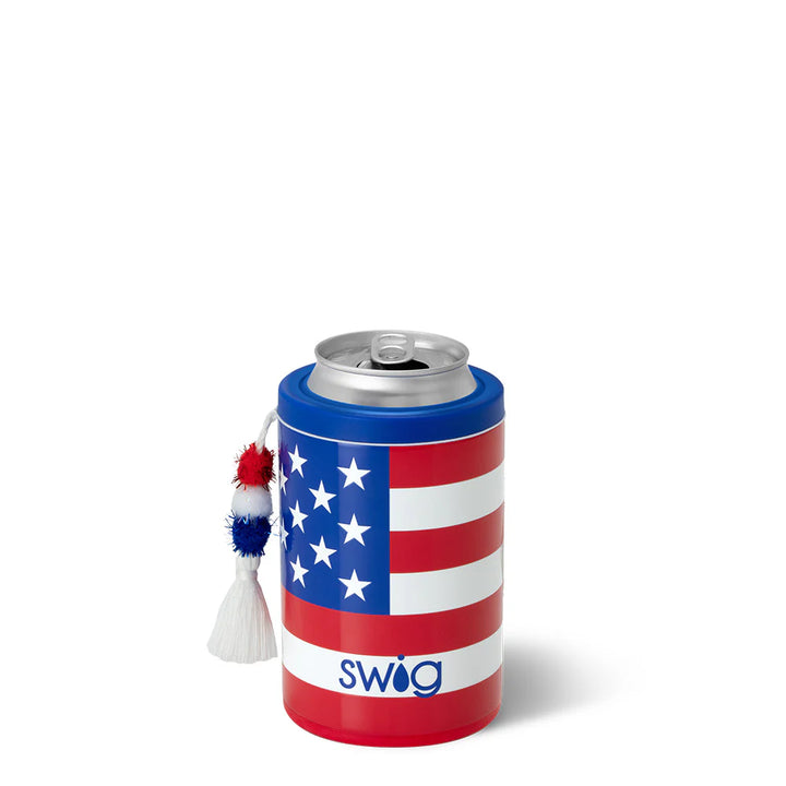 Red, white, and blue insulated can cooler with striped design and star accents for standard beverage cans | Walker Boutique