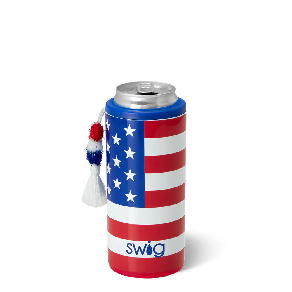 Red, white, and blue insulated slim can cooler with striped design and star accents | Walker Boutique