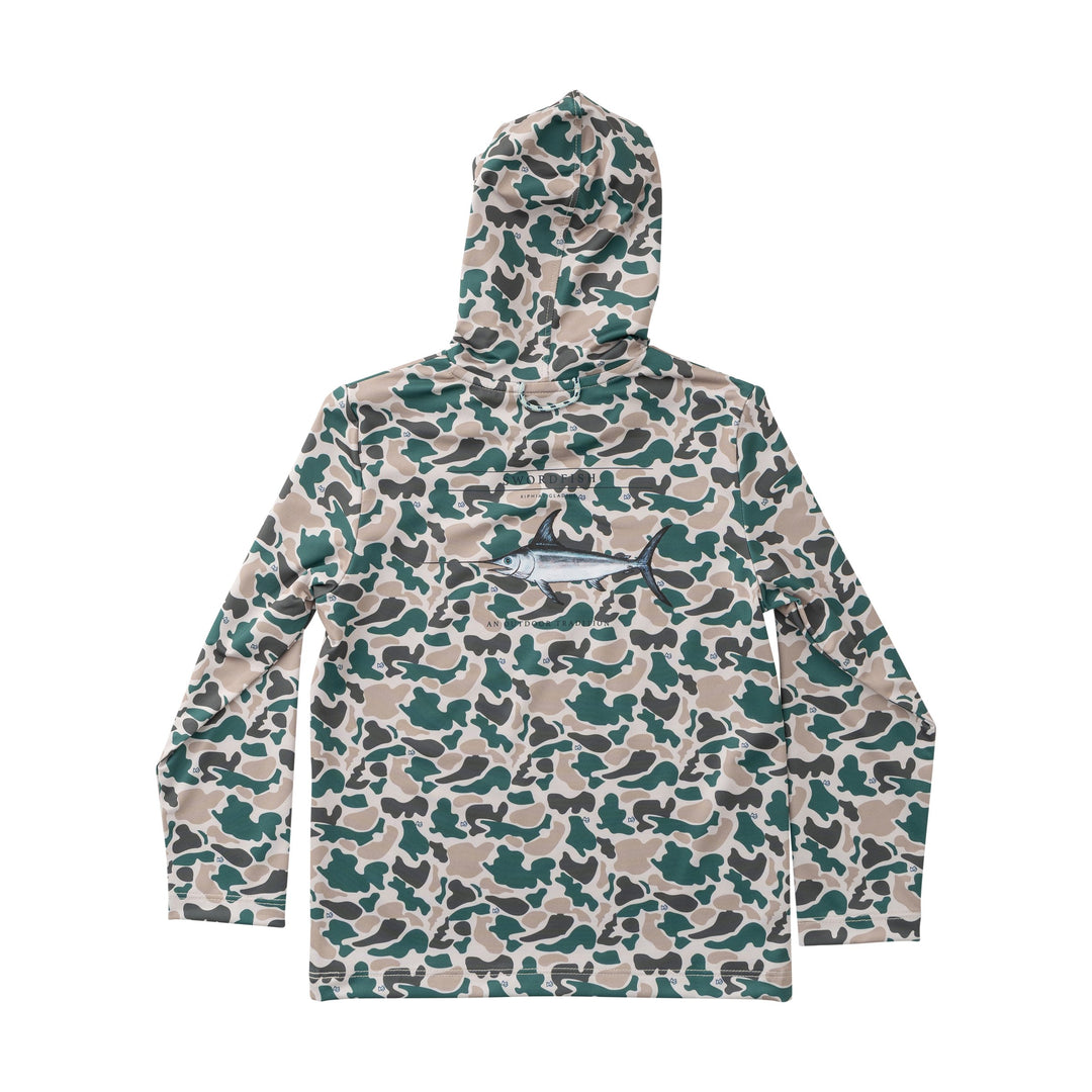 Camouflage-patterned hoodie with a fish logo on a white background