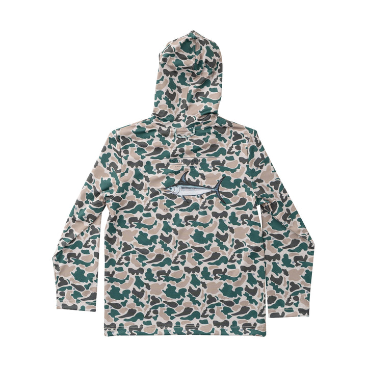 Camouflage-patterned hoodie with a fish logo on a white background