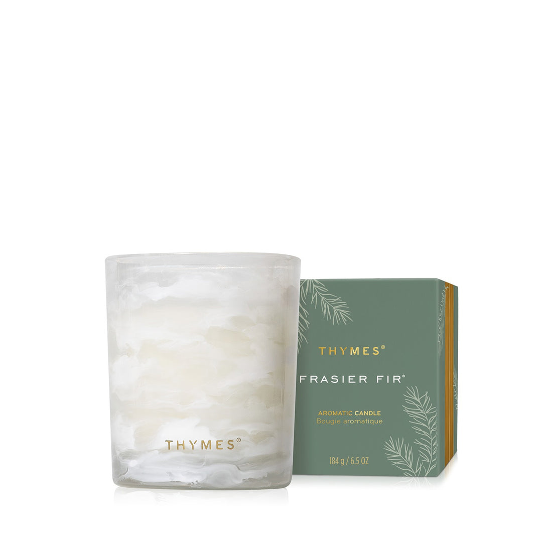 Frasier Fir Tidings 6.5 ounce candle in white marbled glass with coordinating green gift box