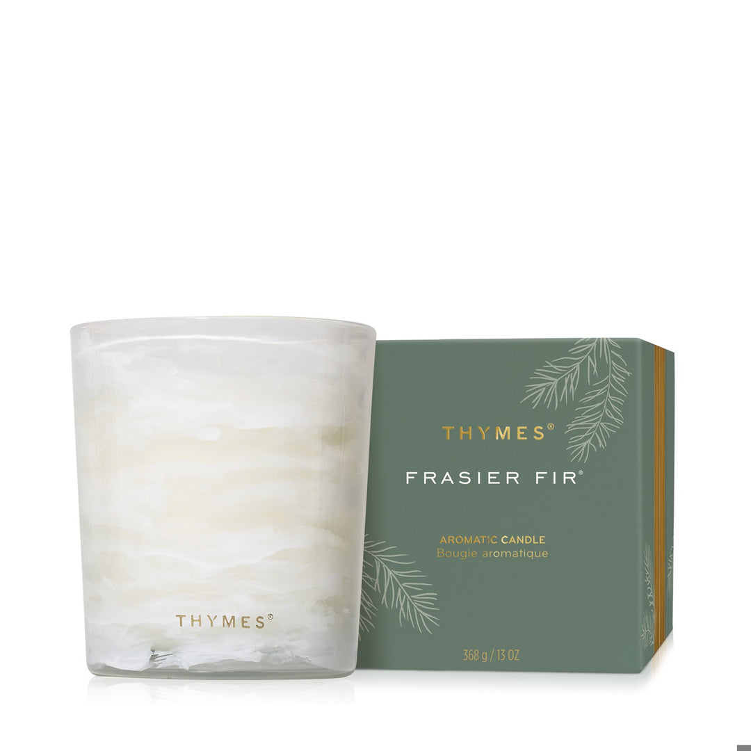 Frasier Fir Tidings 13 ounce candle in wide white marbled glass with green holiday gift box