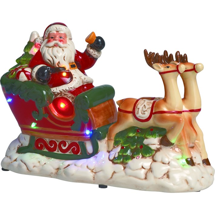 Decorative Christmas scene with Santa Claus in a sleigh pulled by reindeer, featuring colorful lights.
