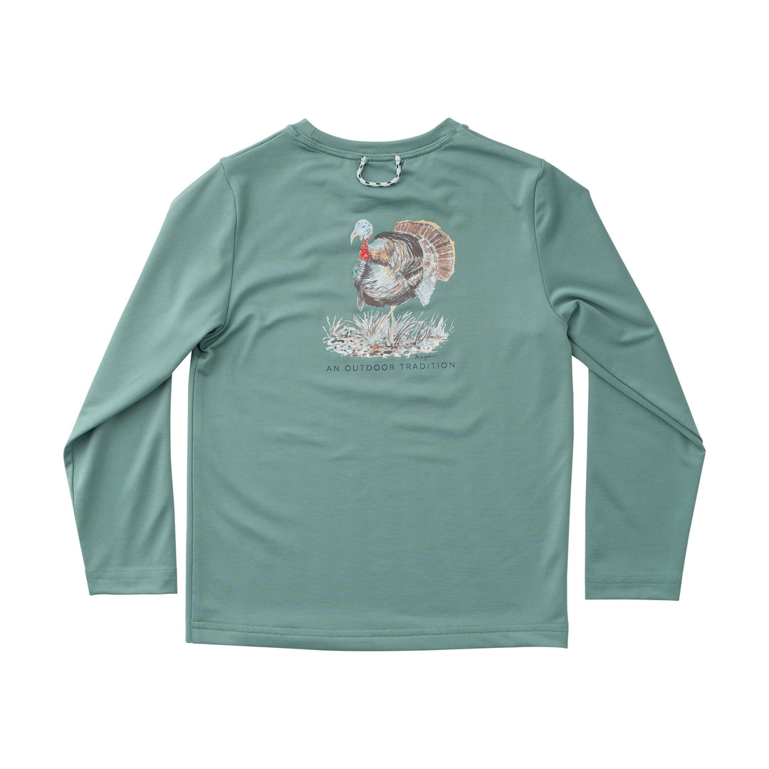 Green long-sleeve shirt with a turkey graphic on a white background