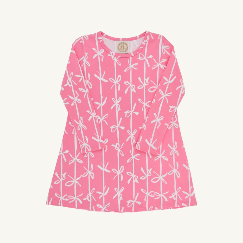 LITTLE GIRLS LONG SLEEVE PINK DRESS WITH WHITE BOWS ALL OVER