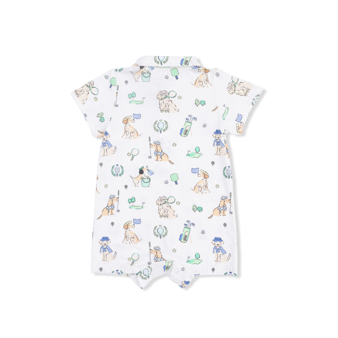 Baby romper with dog pattern on a white background