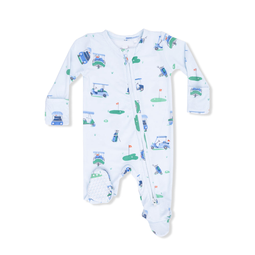 Baby onesie with golf-themed print on a white background