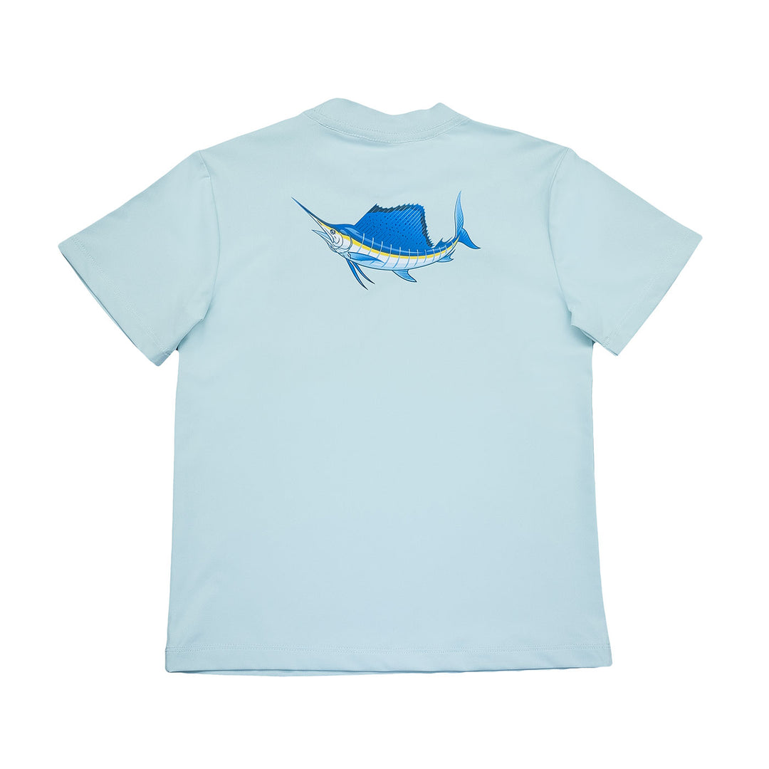 Light blue t-shirt with a fish graphic on the back against a white background