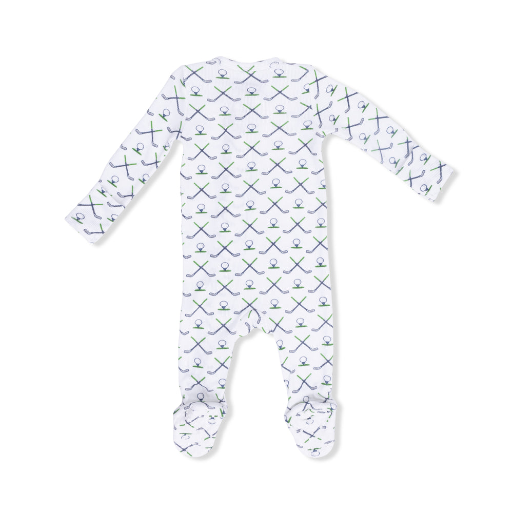 Baby onesie with golf pattern on a white background