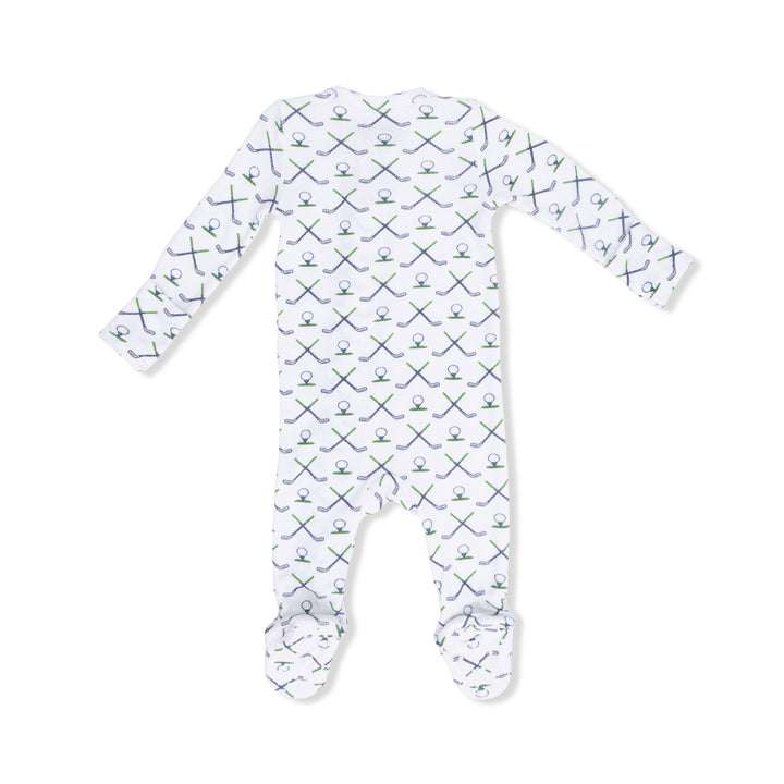 Baby onesie with golf pattern on a white background