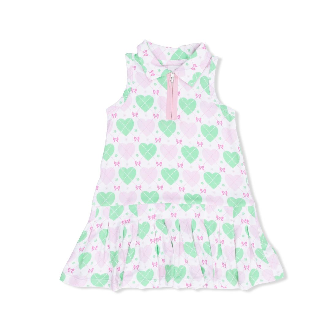 Children's sleeveless dress with heart and bow pattern on a white background