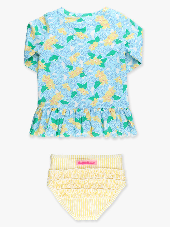 Children's swimsuit set with floral top and yellow bottom on a white background
