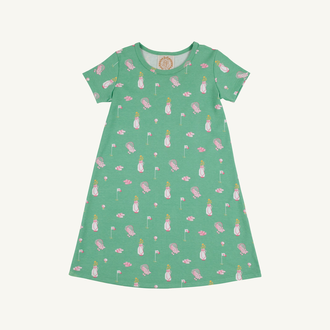 GREEN SHORT SLEEVE GIRLS DRESS WITH PINK GOLF MOTIFS