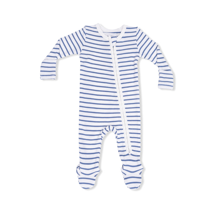 Blue and white striped baby onesie on a white background