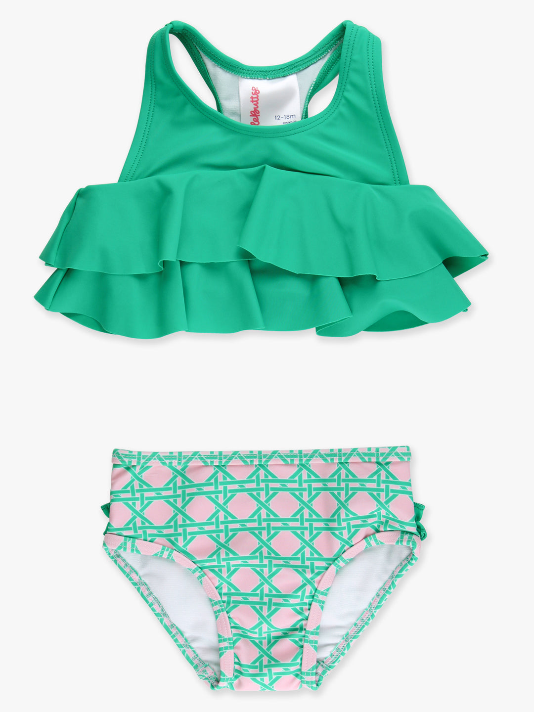 Green two-piece swimsuit with ruffled top and patterned shorts on a white background