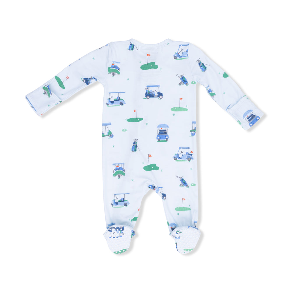Baby onesie with golf-themed print on a white background