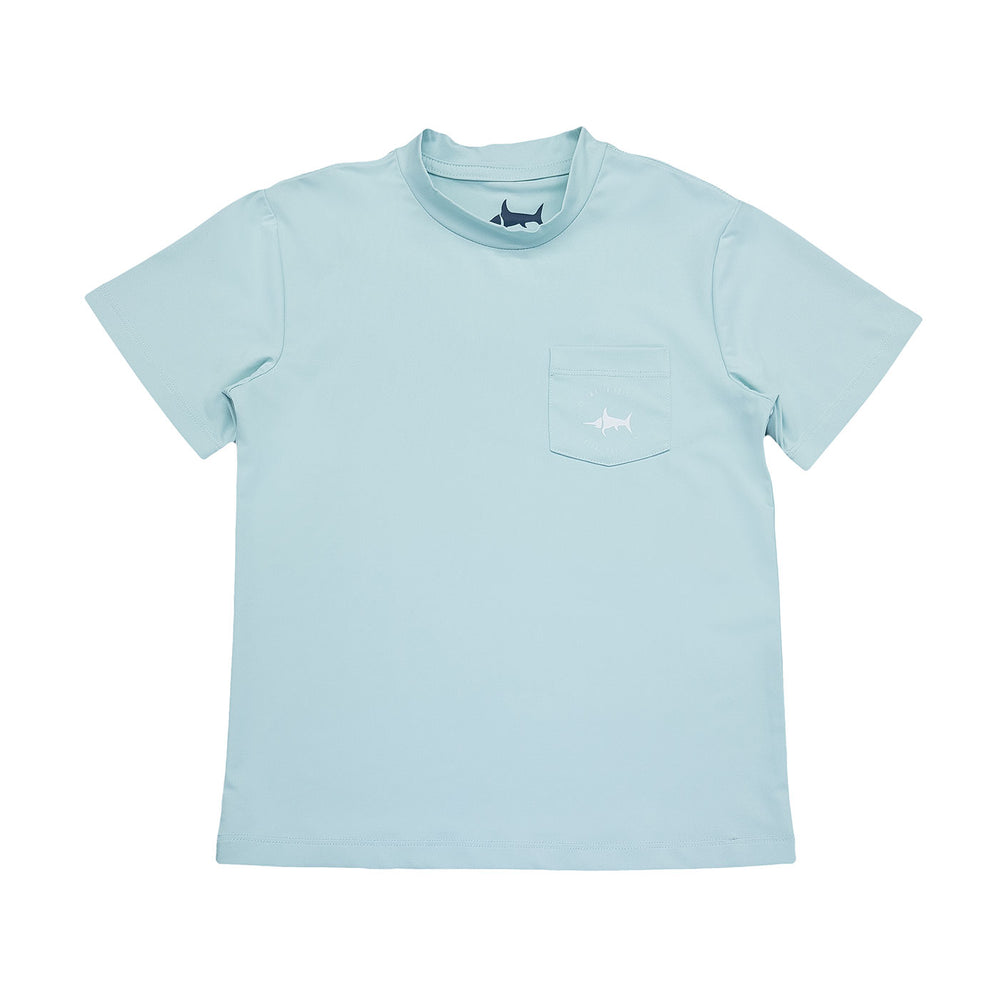 Light blue t-shirt with a small logo on a white background