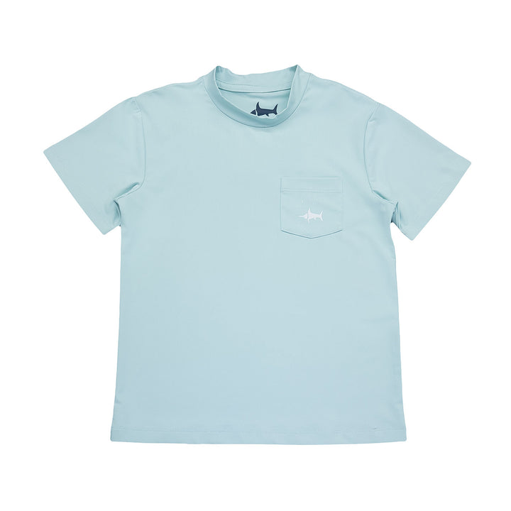 Light blue t-shirt with a small logo on a white background