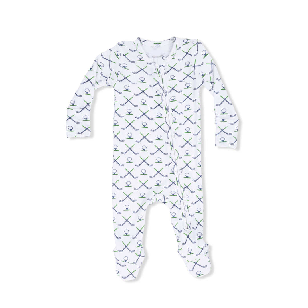 Baby onesie with golf pattern on a white background