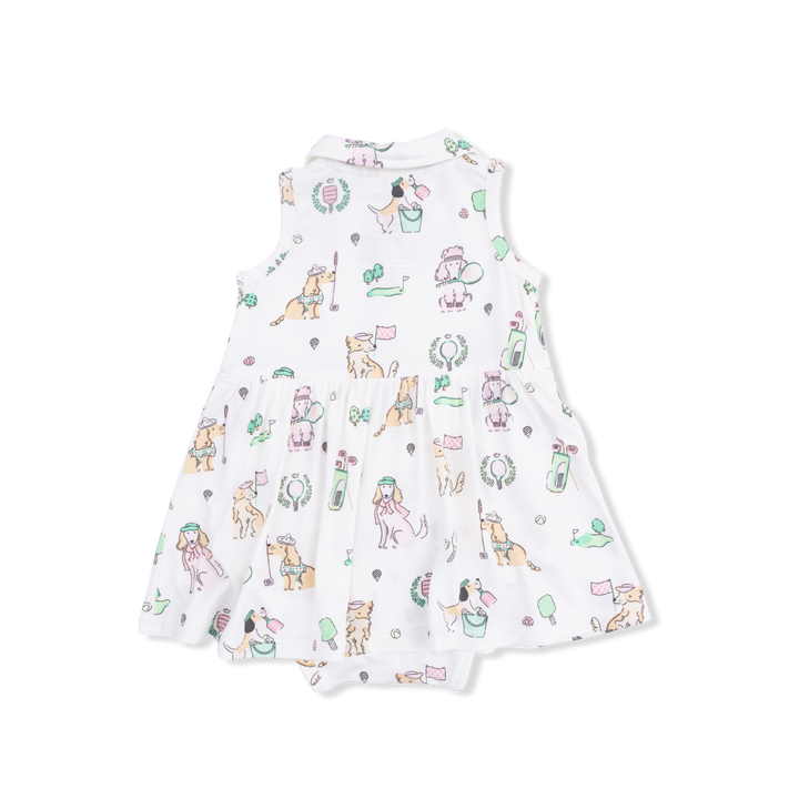 Baby dress with colorful dog pattern on a white background