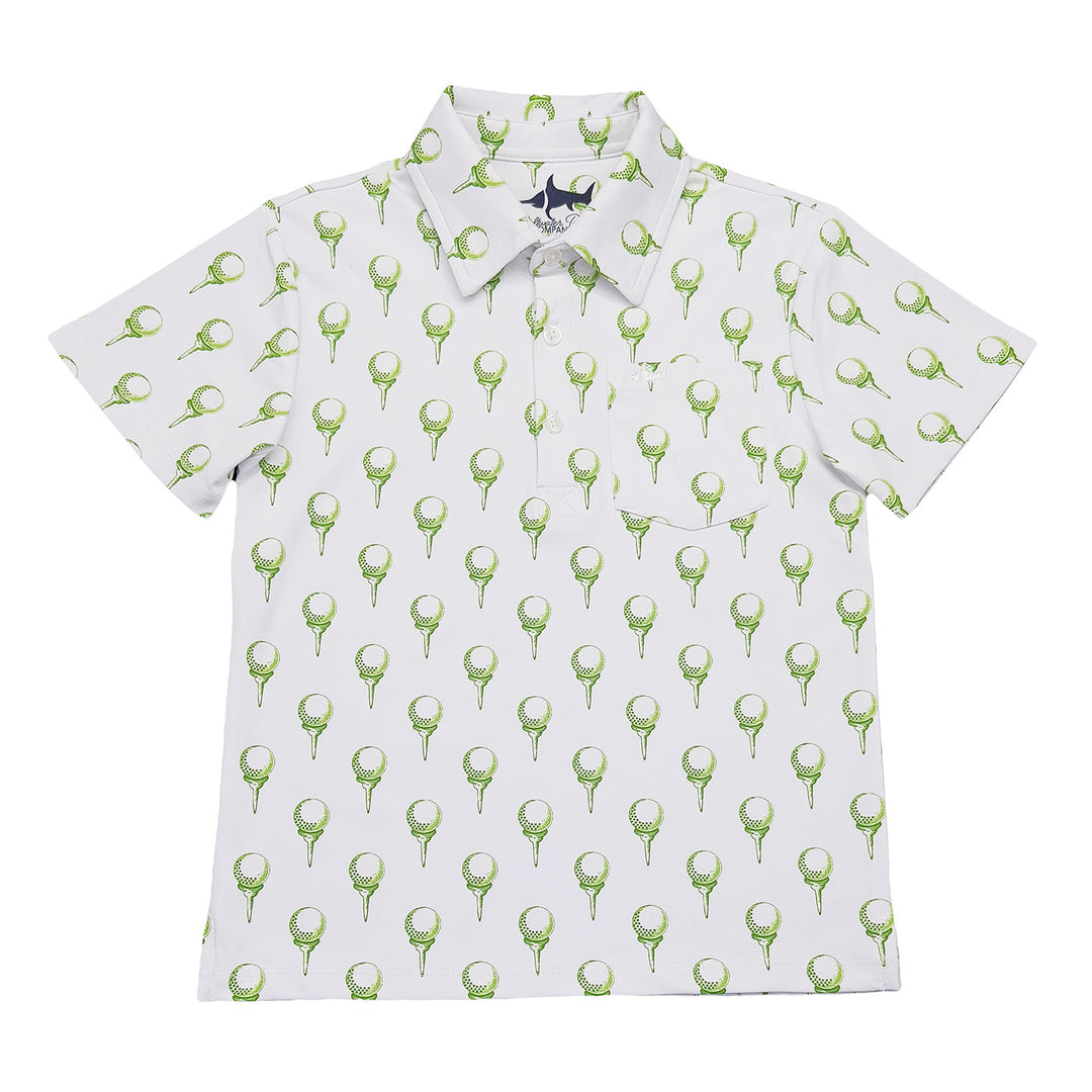 White shirt with green golf pattern on a white background
