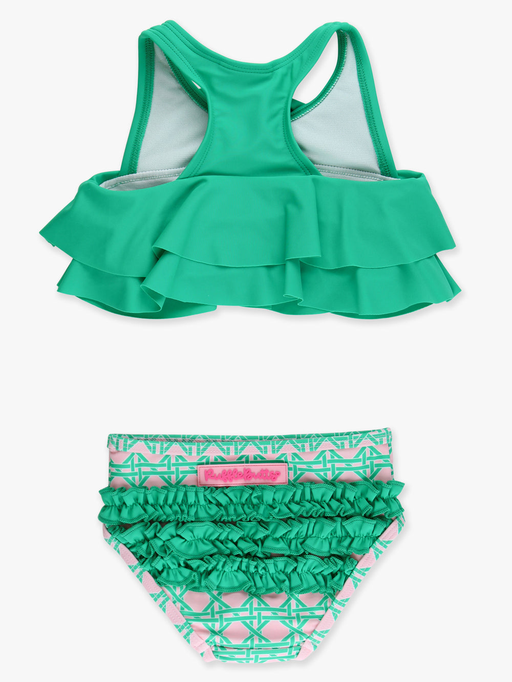 Green two-piece swimsuit with ruffled top and patterned bottom on a white background