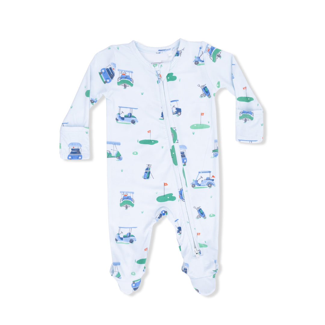 Baby onesie with golf-themed print on a white background