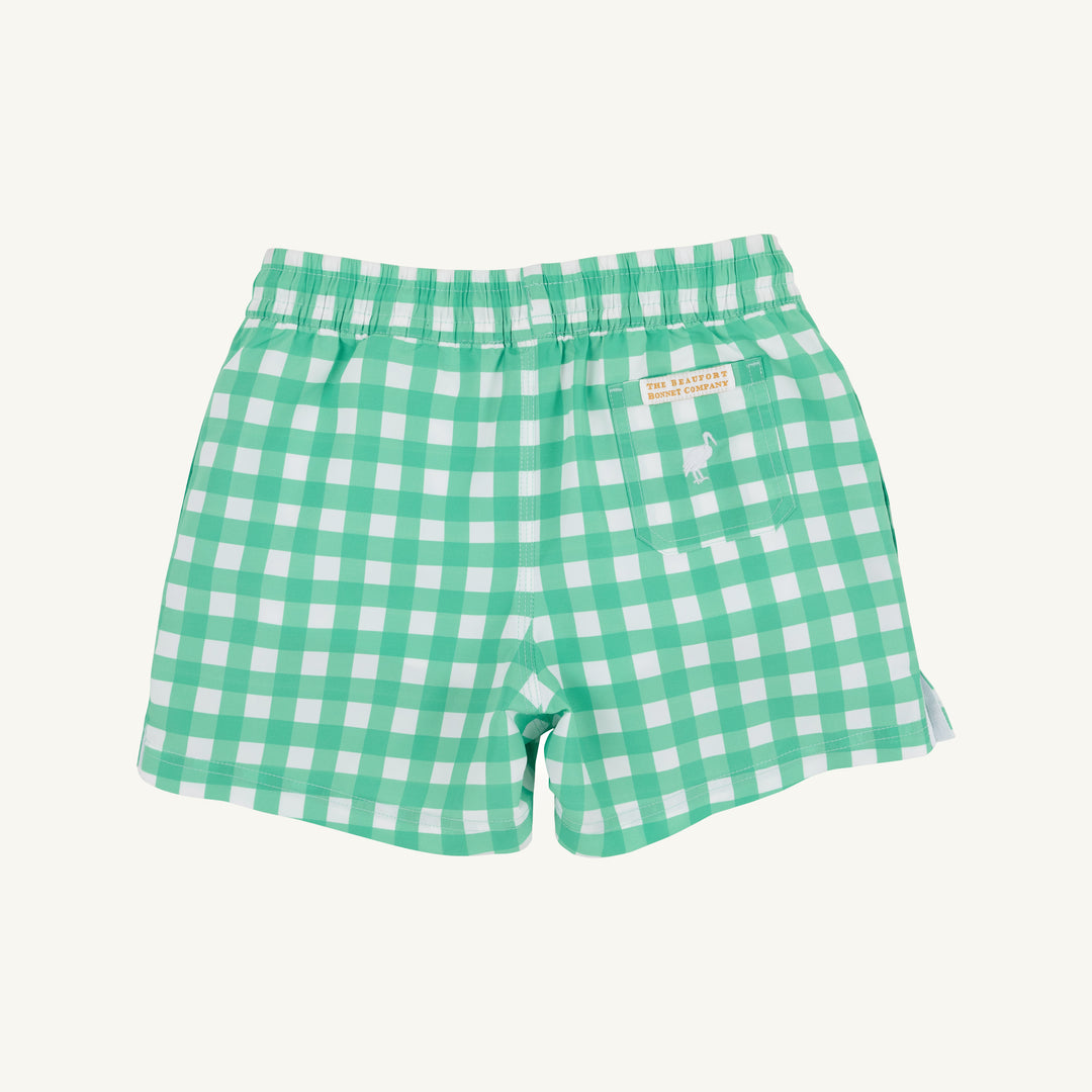 Green and white checkered shorts on a white background