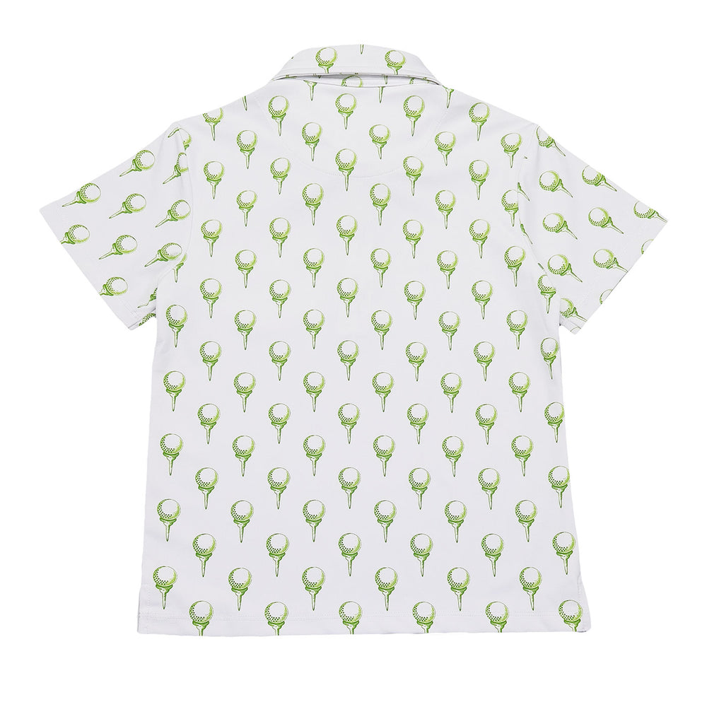White shirt with green golf pattern on a white background