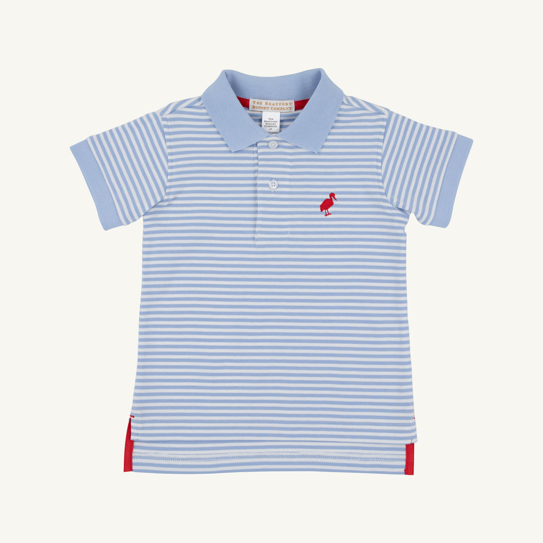 BLUE/WHITE STRIPE KIDS SHORT SLEEVE POLO ON WHITE BACKGROUND