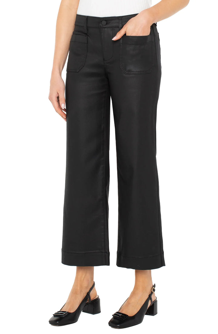 LIVERPOOL: CROP WIDE LEG W/ PATCH POCKETS | BLACK COATED