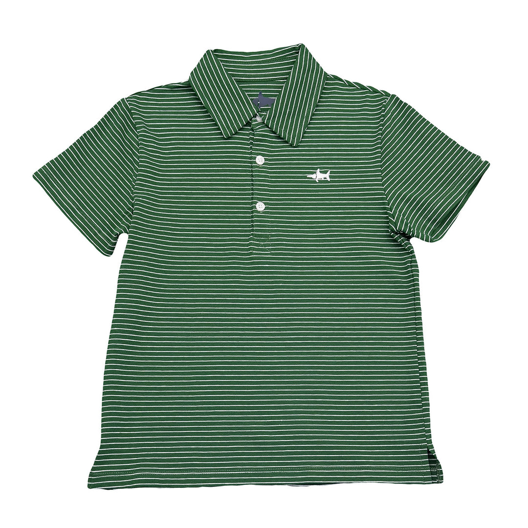 Green striped polo shirt with a small logo on a white background