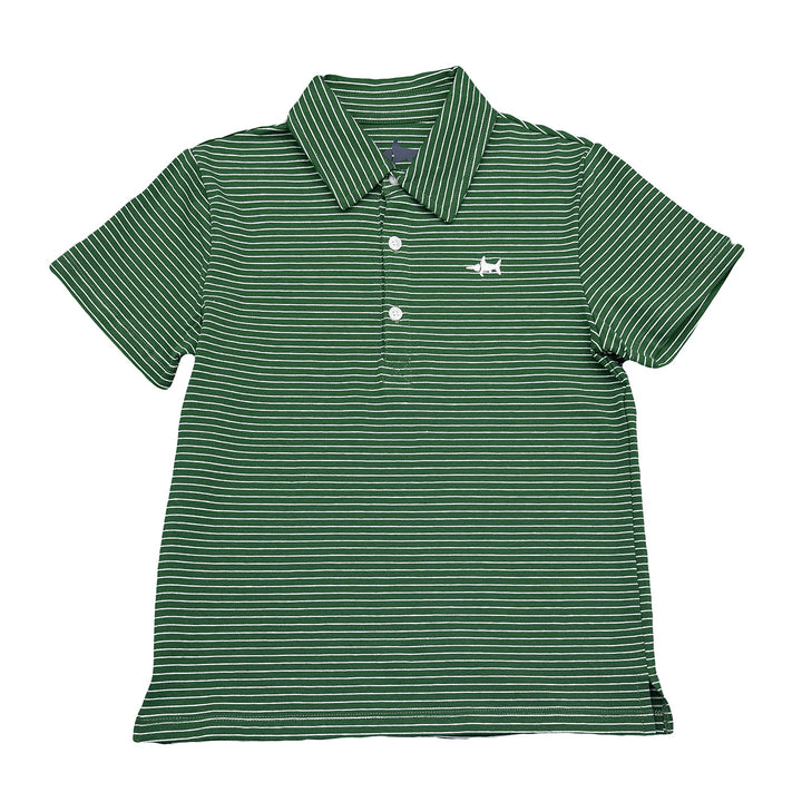 Green striped polo shirt with a small logo on a white background