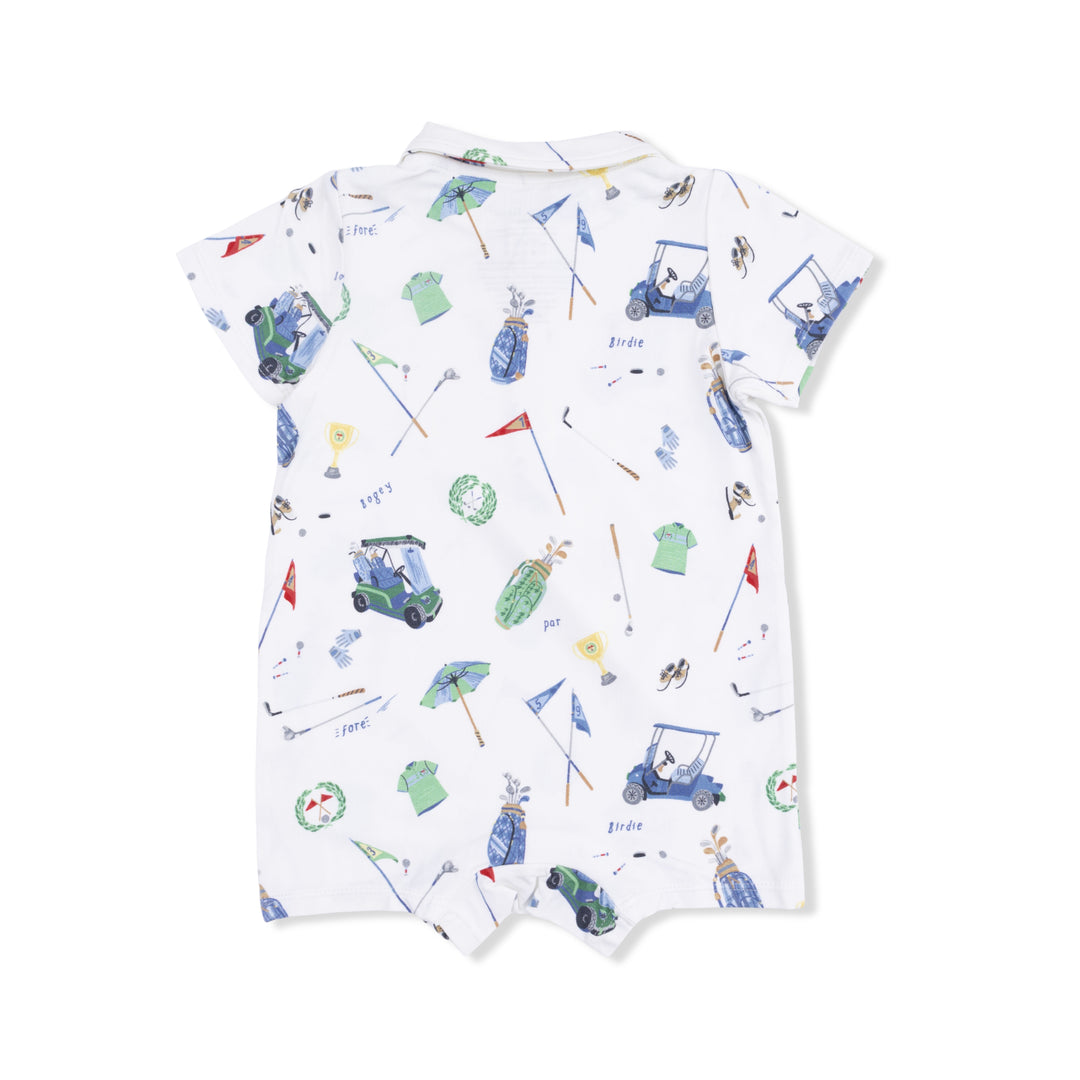 Baby romper with golf-themed print on a white background