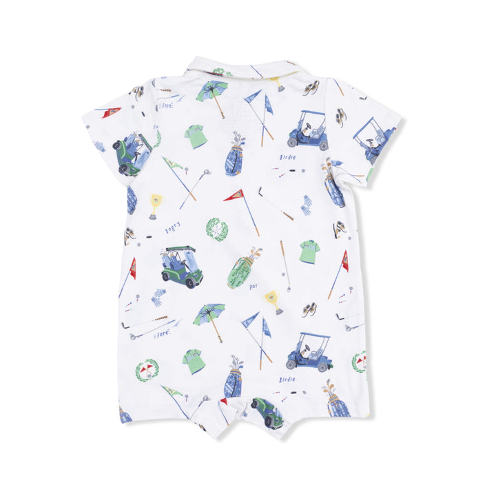 Baby romper with golf-themed print on a white background
