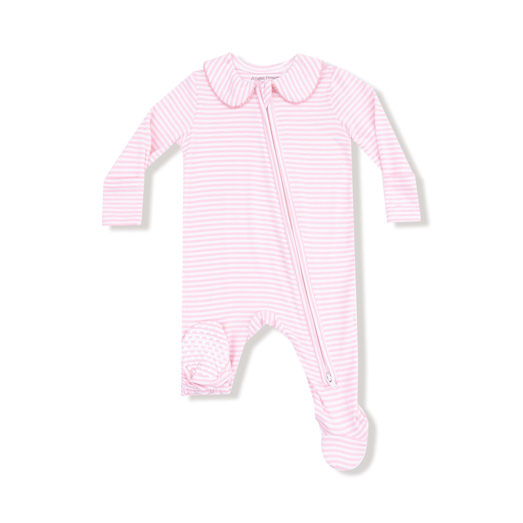Pink striped baby onesie on a white background