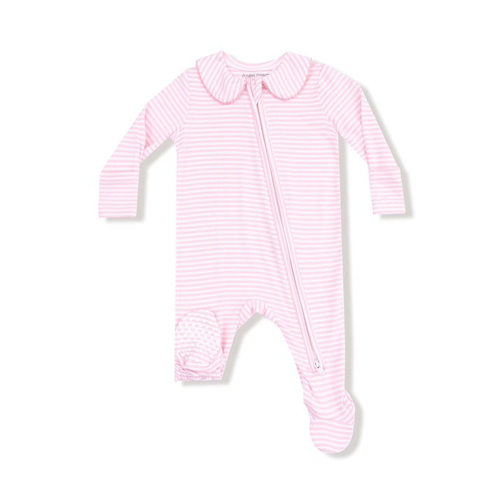 Pink striped baby onesie on a white background