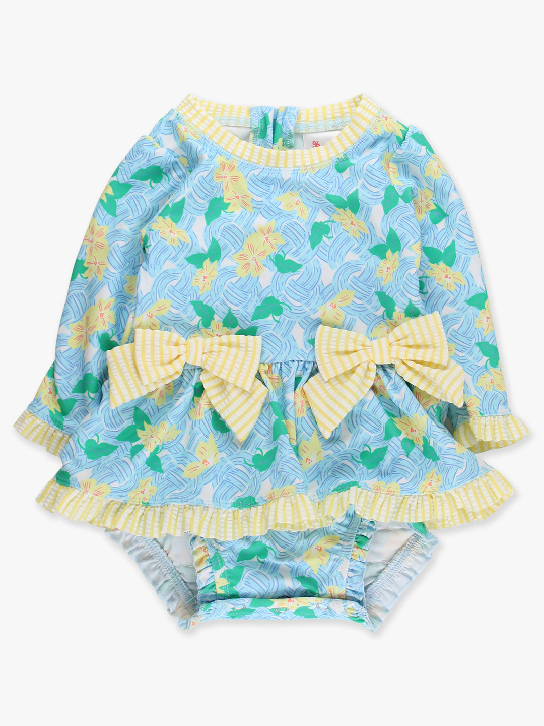 Children's swimsuit with butterfly pattern and yellow bows on a white background