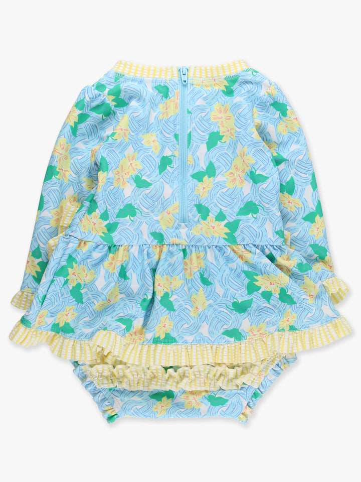 Children's swim outfit with floral pattern on a white background