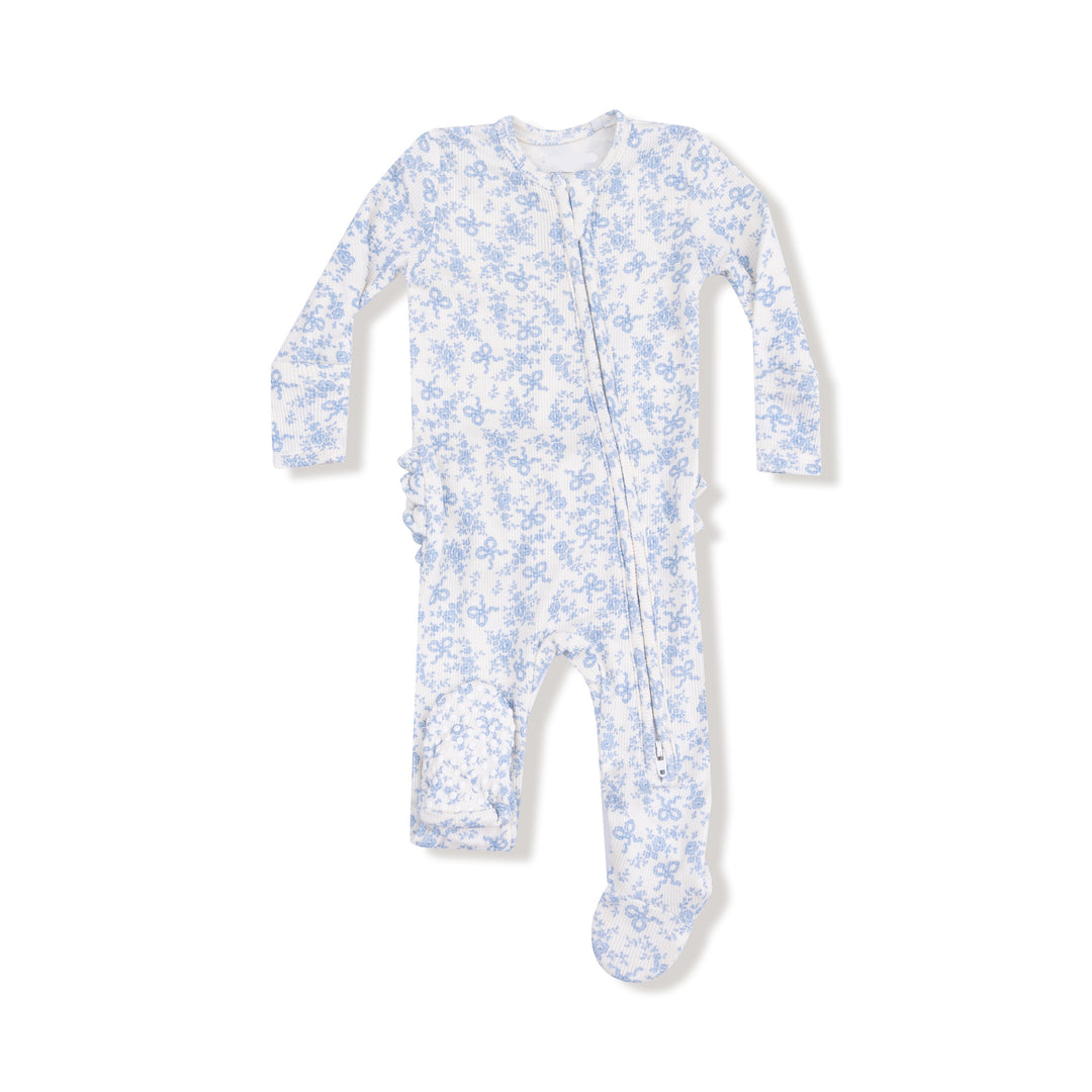 Baby onesie with blue floral pattern on a white background