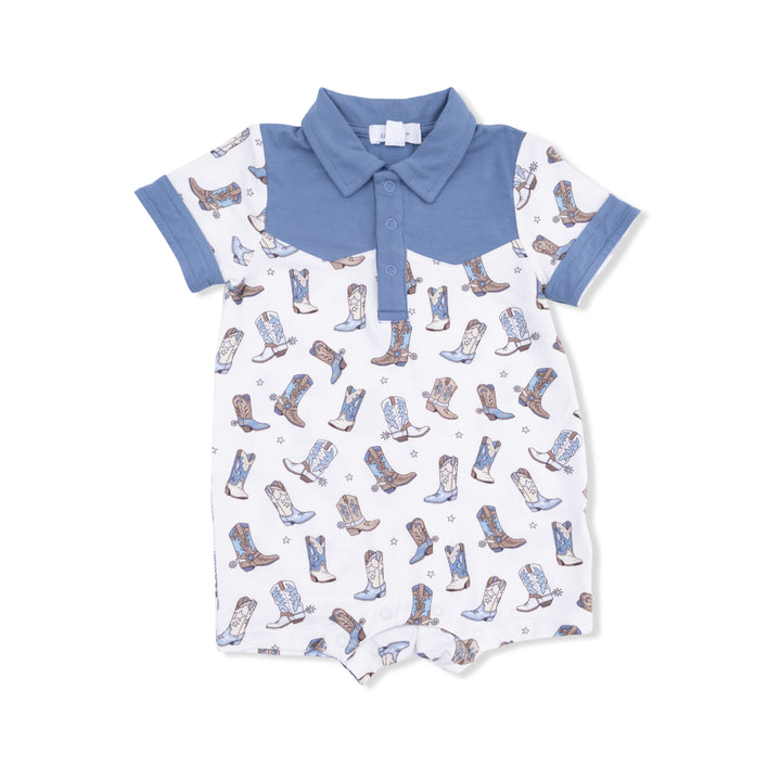 Baby romper with cowboy boot pattern and blue collar on a white background