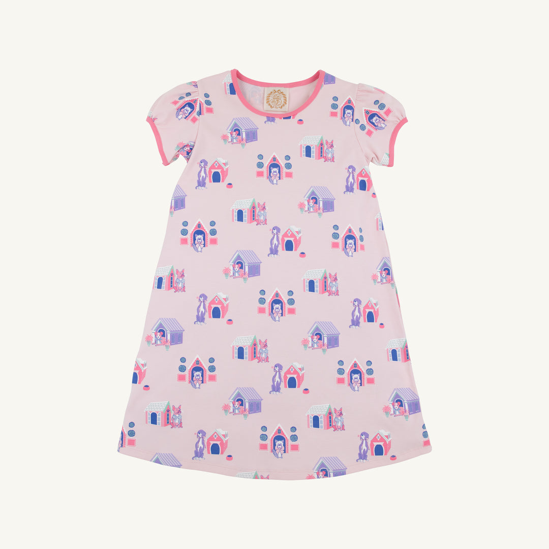 Children's dress with puppy house pattern on a white background