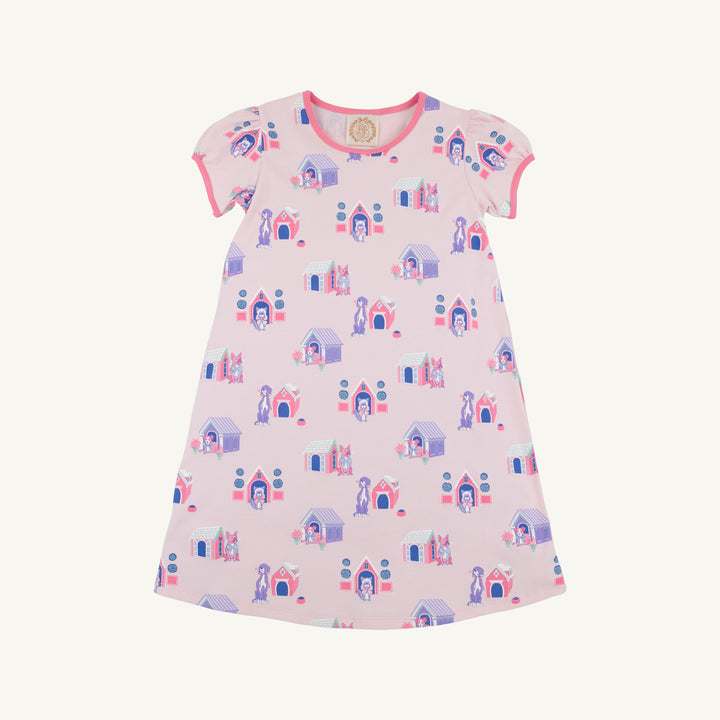 Children's dress with puppy house pattern on a white background