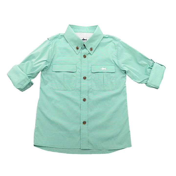 Green checkered shirt with brown buttons on a white background
