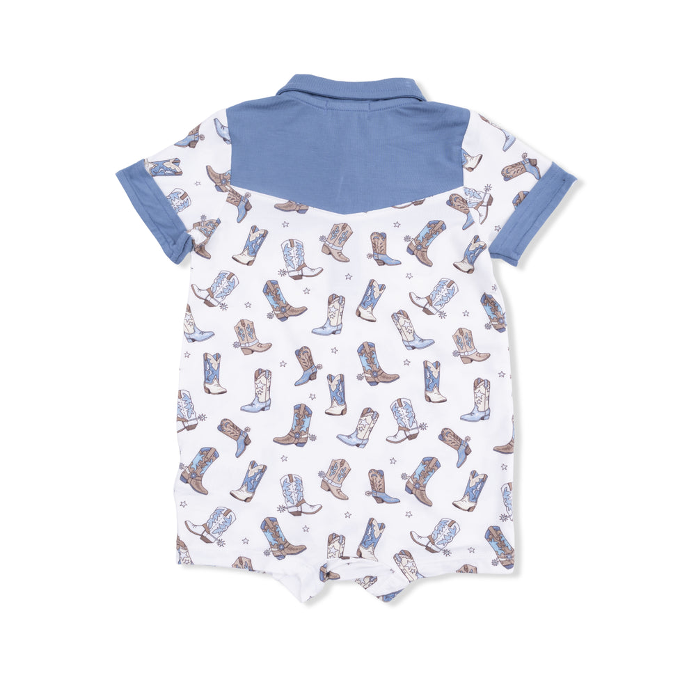 Children's romper with cowboy boot pattern and blue collar on a white background