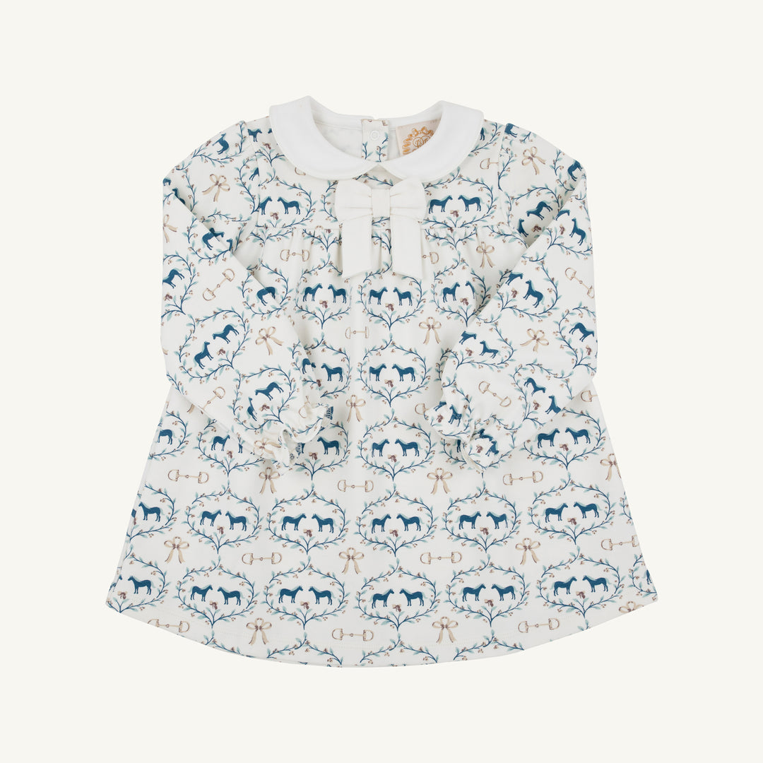 WHITE LONG SLEEVE DRESS WITH BLUE HORSE AND BIT DESIGNS