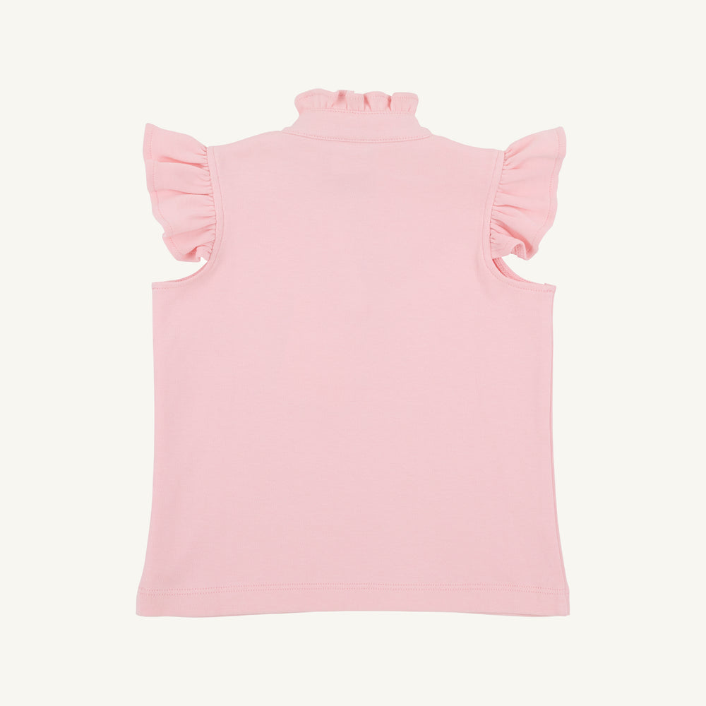 PINK RUFFLE COLLAR AND RUFFLE SLEEVE LITTLE GIRLS SHIRT ON WHITE BACKGROUND 