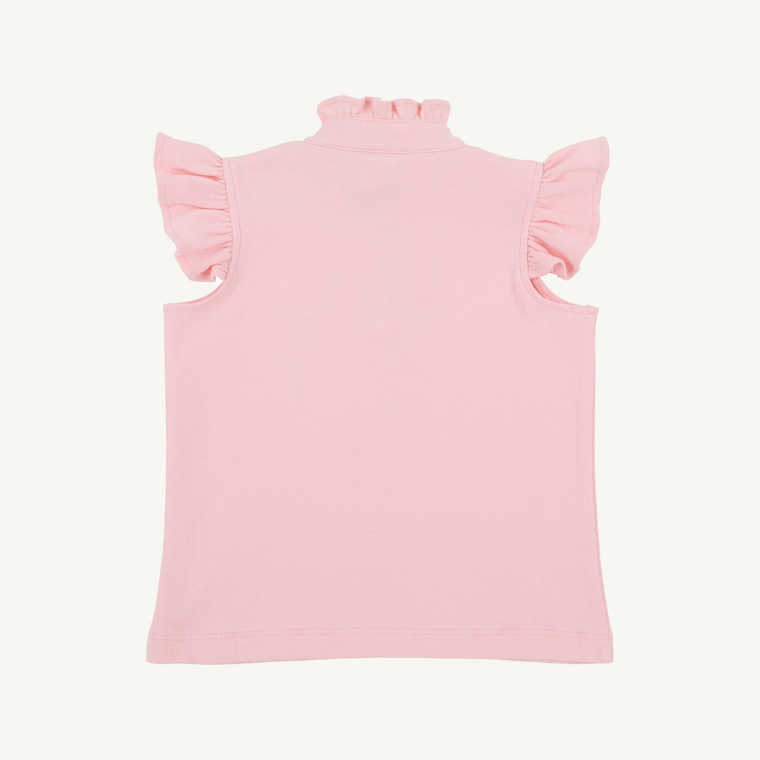 PINK RUFFLE COLLAR AND RUFFLE SLEEVE LITTLE GIRLS SHIRT ON WHITE BACKGROUND 