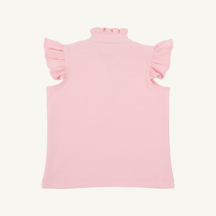 PINK RUFFLE COLLAR AND RUFFLE SLEEVE LITTLE GIRLS SHIRT ON WHITE BACKGROUND 