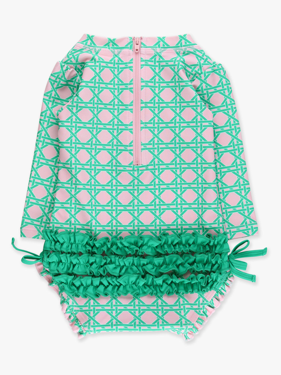 Green and pink patterned swimsuit with ruffled bottom on a white background